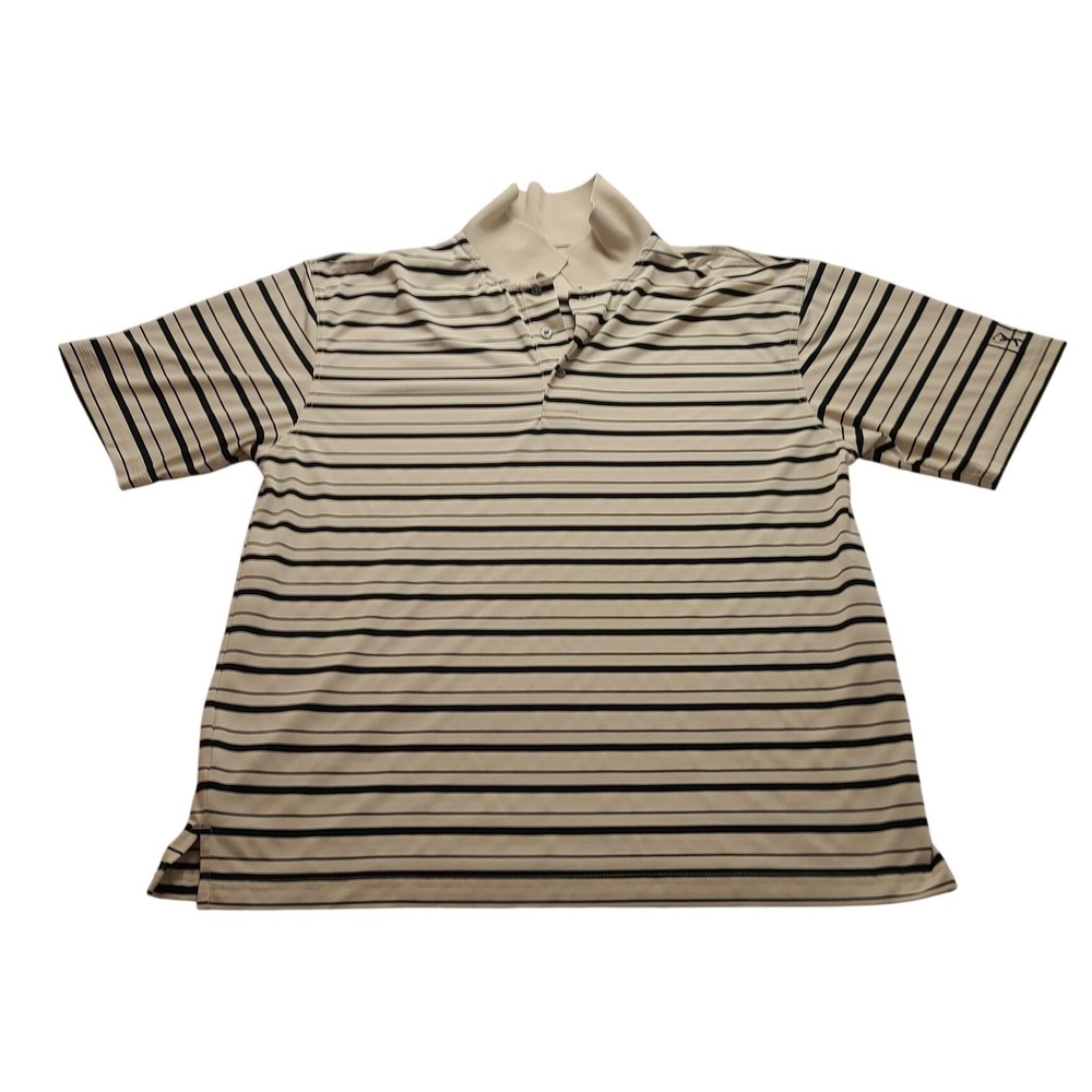 PGA Tour Mens XL Striped Golf Polo Shirt Tan Black Short Sleeve Performance